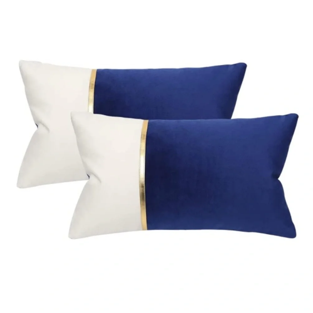 Luxury Home | Blue & White Color Blocked Gold Detail Lumbar Throw Pillow Covers